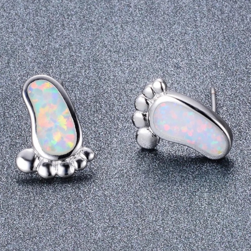 🆕 Silver | Opal White Sapphire | Bare Feet Charm Earrings